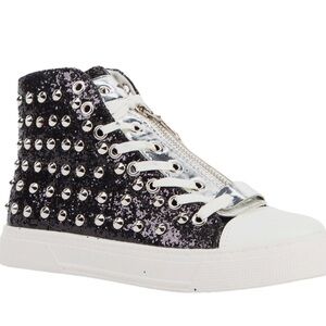 Glitter Hi Top Sneakers With Stud Detailing & Side Zipper Black/Silver Sz 7/UK 5